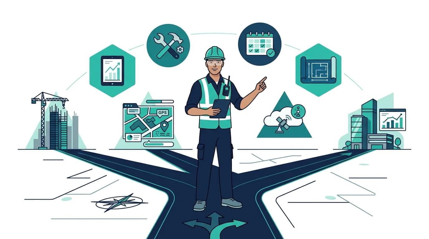 Construction site manager choosing between workforce management software tools