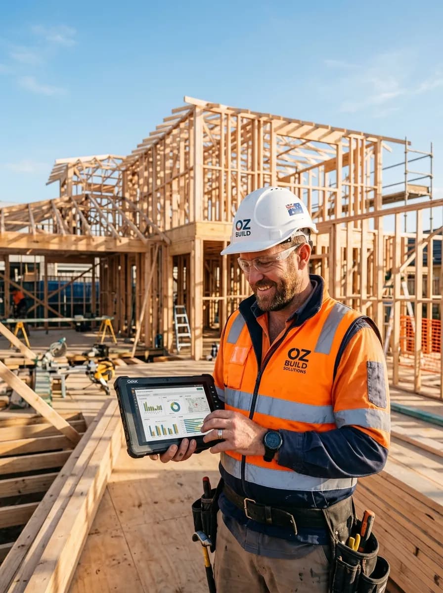 Australian builder on a residential construction site reviewing a project dashboard on a tablet