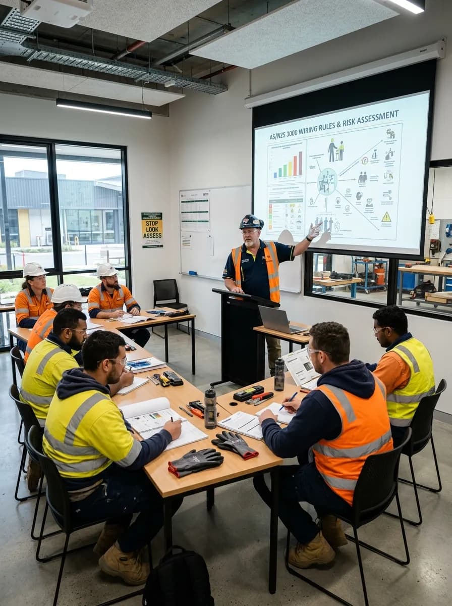 Australian RTO instructor presenting workplace safety training to trade students in high-vis vests