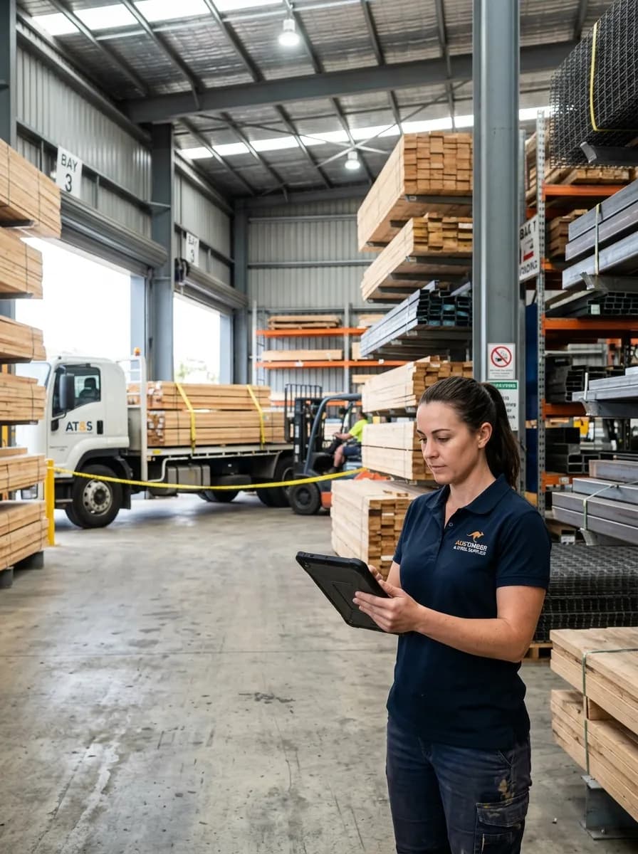 Australian building materials supplier using a tablet in a timber and steel warehouse with delivery trucks in background