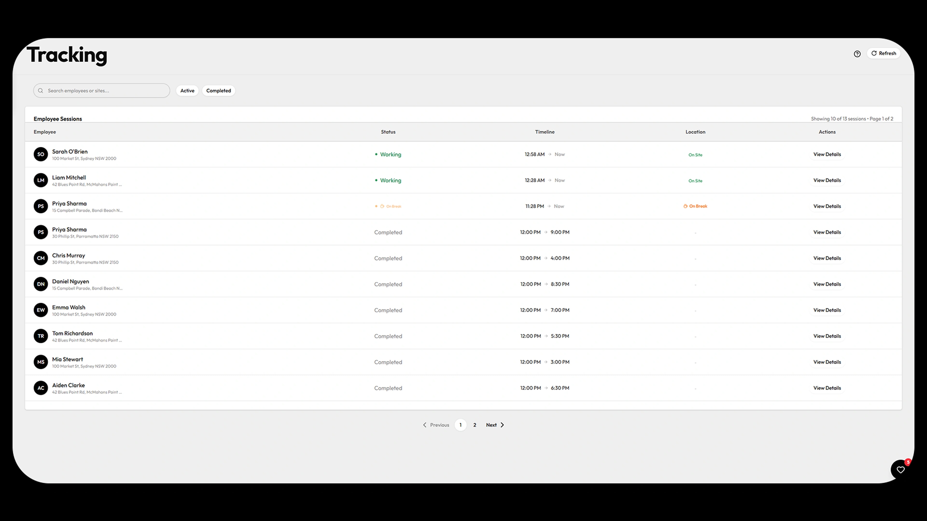 SkillsDock Tracking — live employee sessions